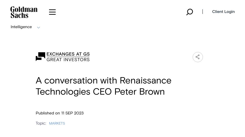 Screenshot of goldmansachs.com: A Conversation with Renaissance Technologies CEO Peter Brown