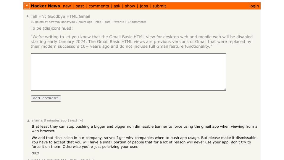 Screenshot of Hacker News post: Tell HN: Goodbye HTML Gmail
