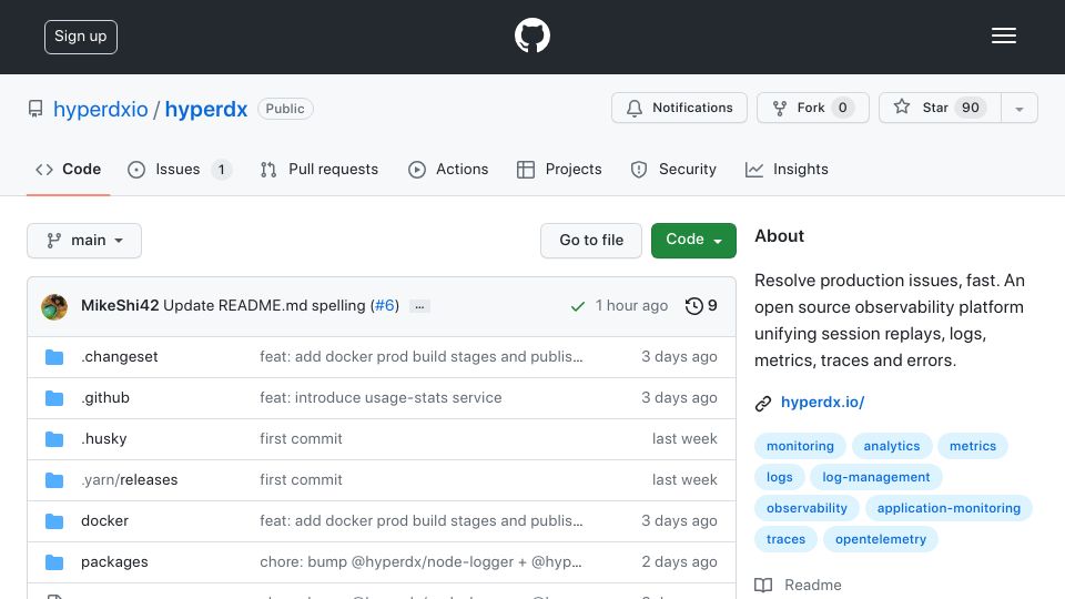Screenshot of github.com: Show HN: HyperDX – open-source dev-friendly Datadog alternative