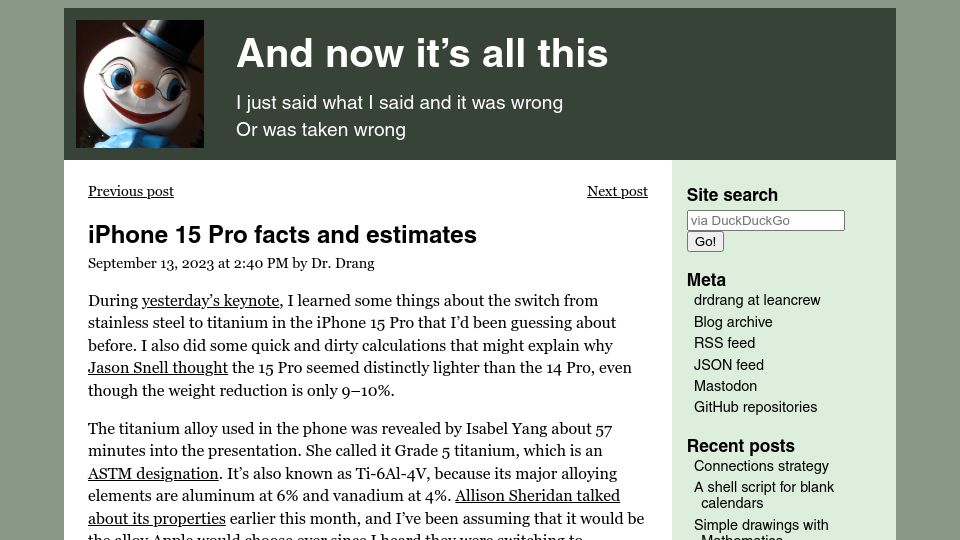 Screenshot of leancrew.com: iPhone 15 Pro facts and estimates