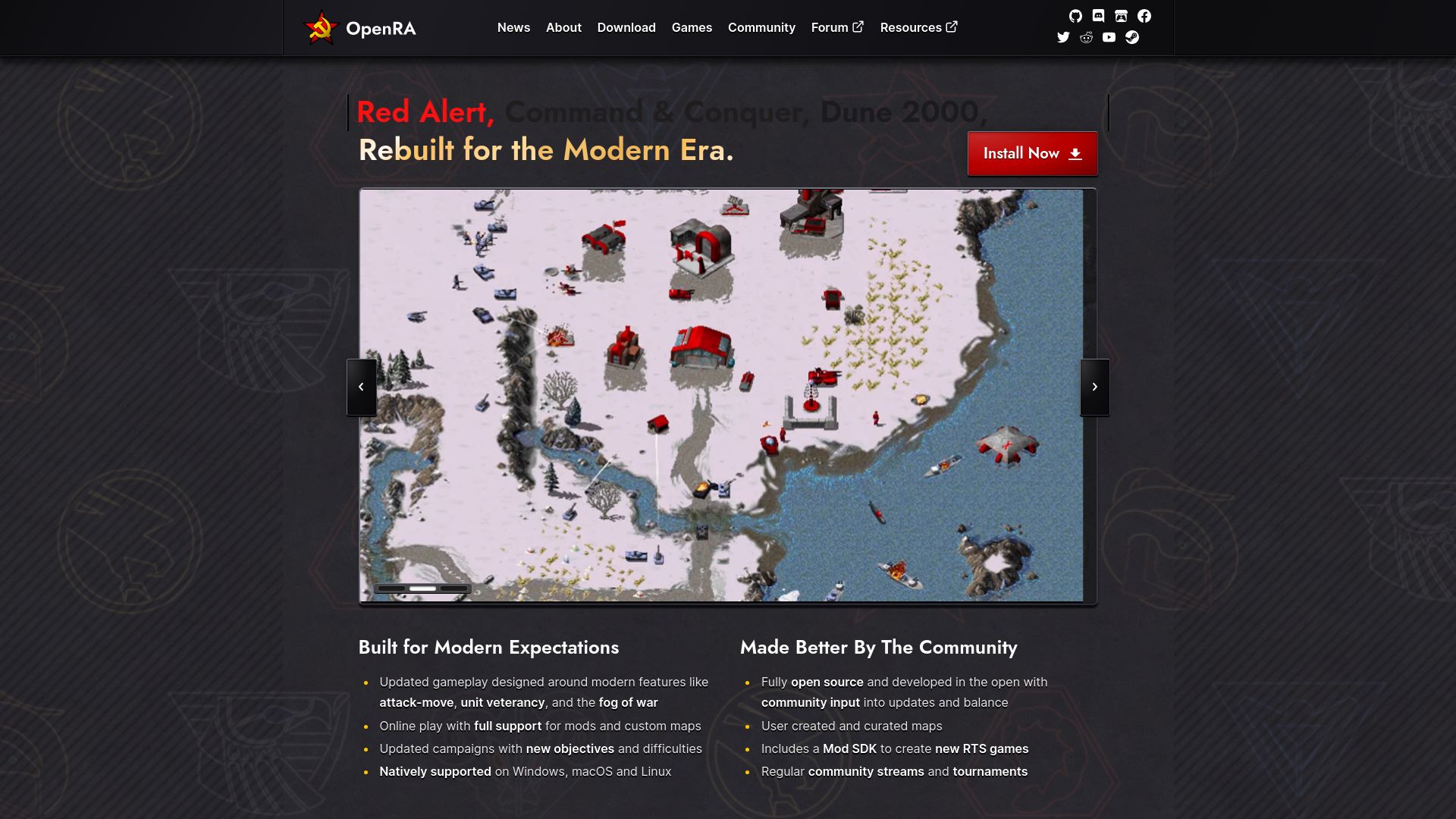 Screenshot of openra.net: OpenRA – Classic strategy games rebuilt for the modern era