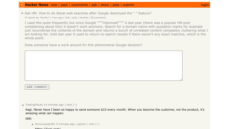 Screenshot of Hacker News post: Ask HN: How to do literal web searches after Google destroyed the “ ” feature?