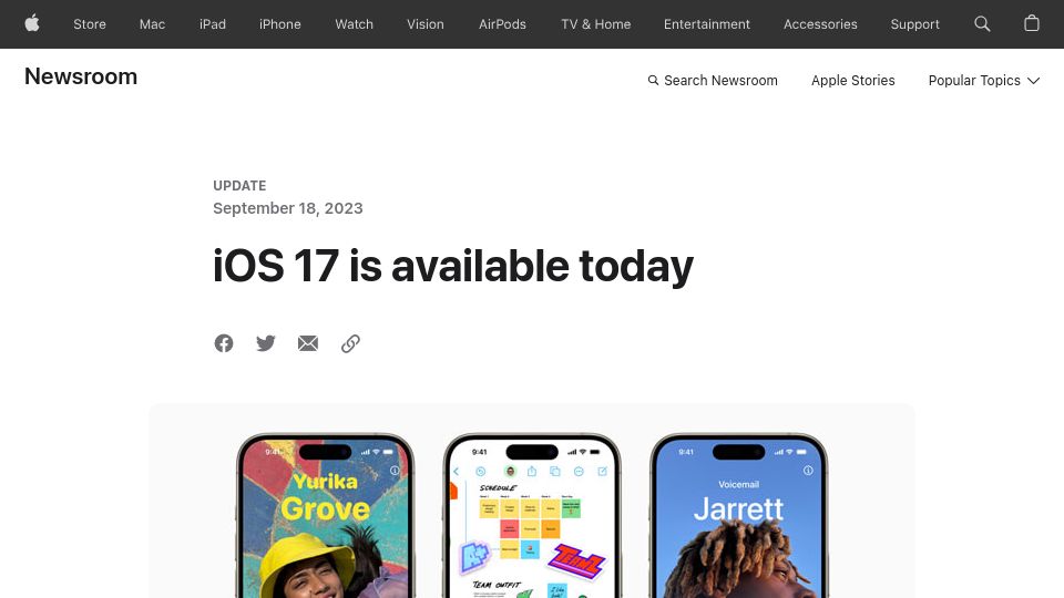 Screenshot of apple.com: iOS 17 is available today