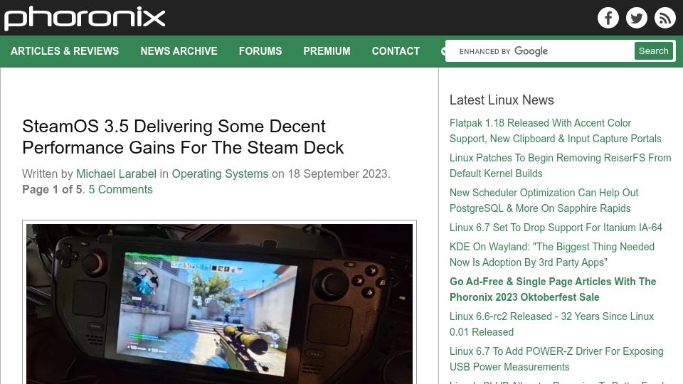 Screenshot of phoronix.com: SteamOS 3.5 Delivering Some Decent Performance Gains for the Steam Deck