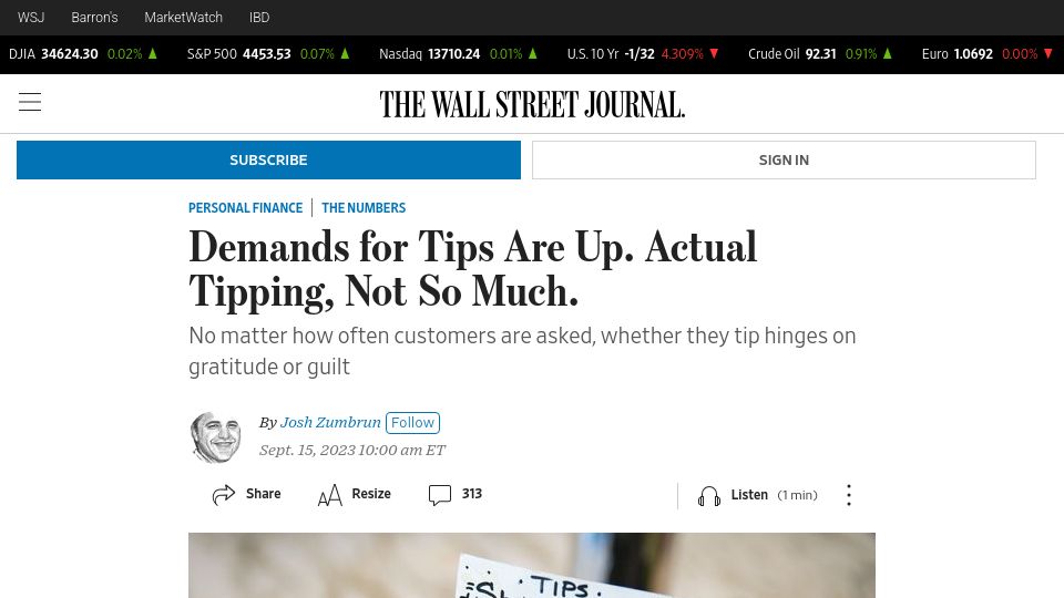 Screenshot of wsj.com: Demands for Tips Are Up. Actual Tipping, Not So Much