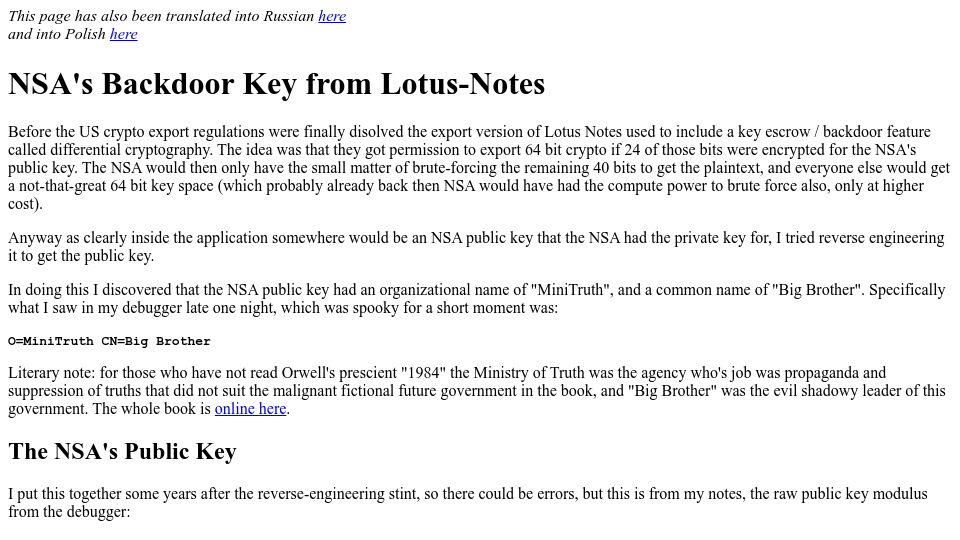 Screenshot of cypherspace.org: NSA Backdoor Key from Lotus-Notes (1997)