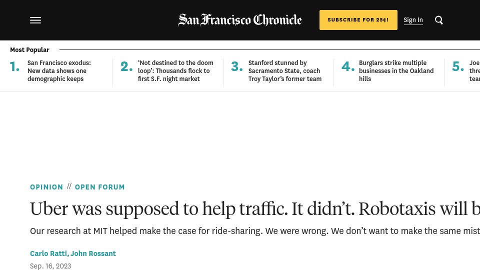 Screenshot of sfchronicle.com: Uber was supposed to help traffic. It didn’t. Robotaxis will be even worse