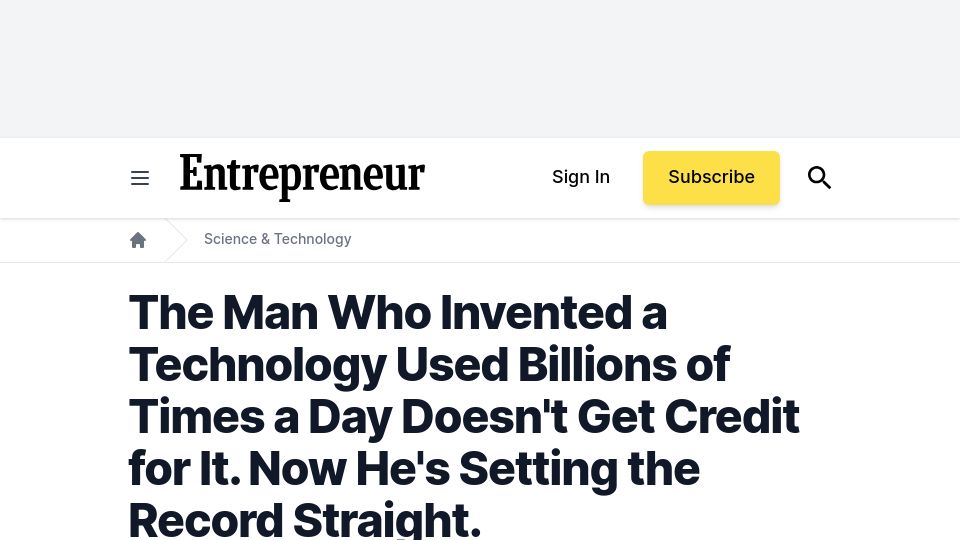 Screenshot of entrepreneur.com: Paul McEnroe’s role in developing the UPC barcode hasn’t been fully acknowledged