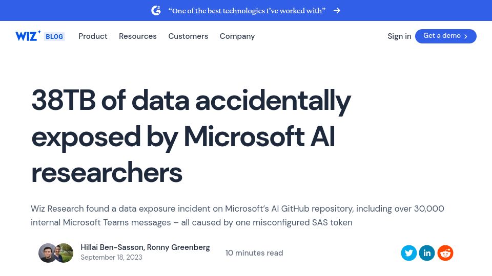 Screenshot of wiz.io: Data accidentally exposed by Microsoft AI researchers