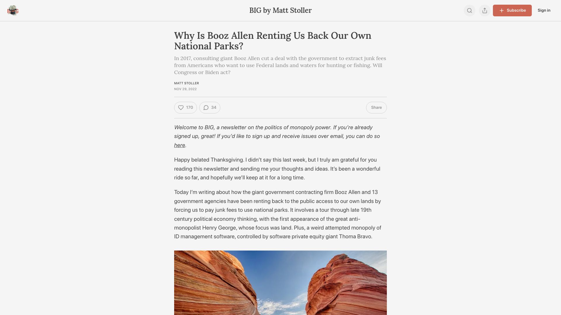 Screenshot of thebignewsletter.com: Why Is Booz Allen Renting Us Back Our Own National Parks?