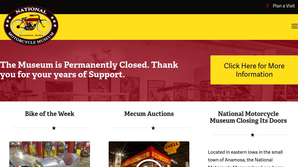 Screenshot of nationalmcmuseum.org: National Motorcycle Museum Closing Its Doors