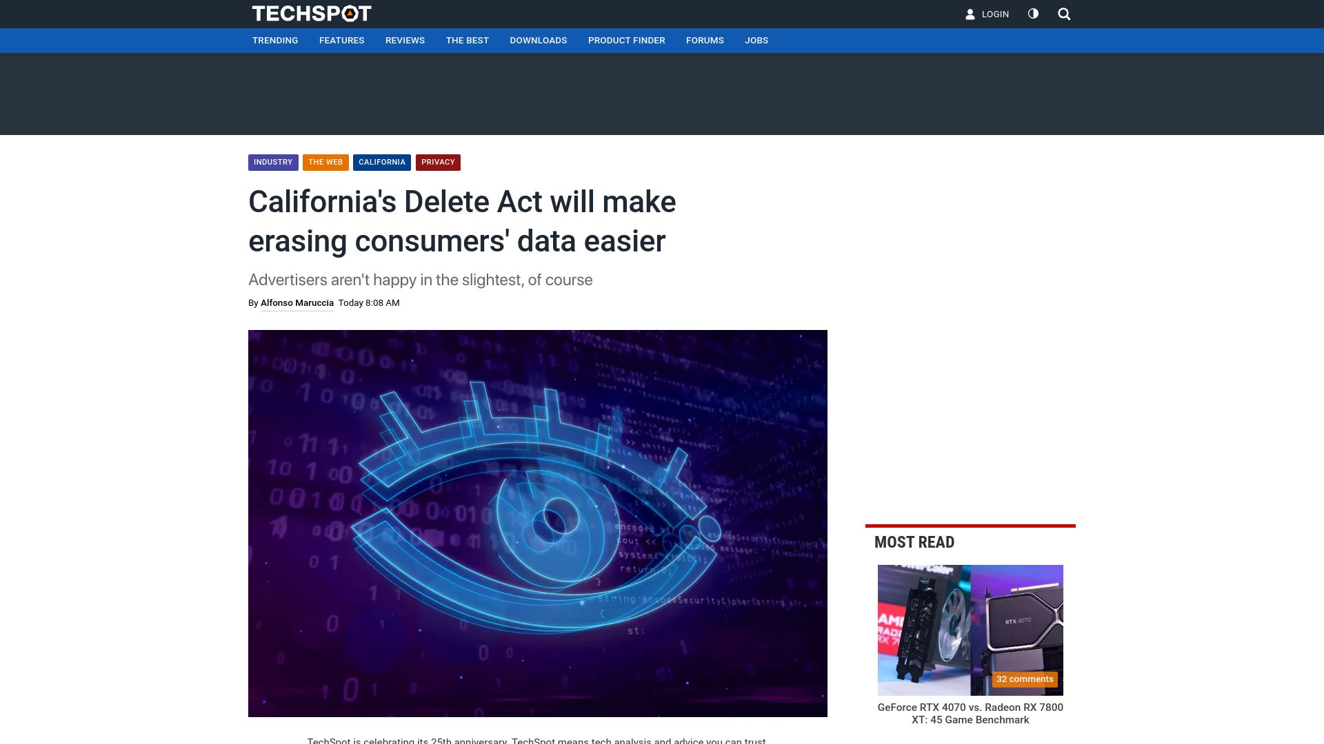 Screenshot of techspot.com: California's Delete Act will make erasing consumers' data easier