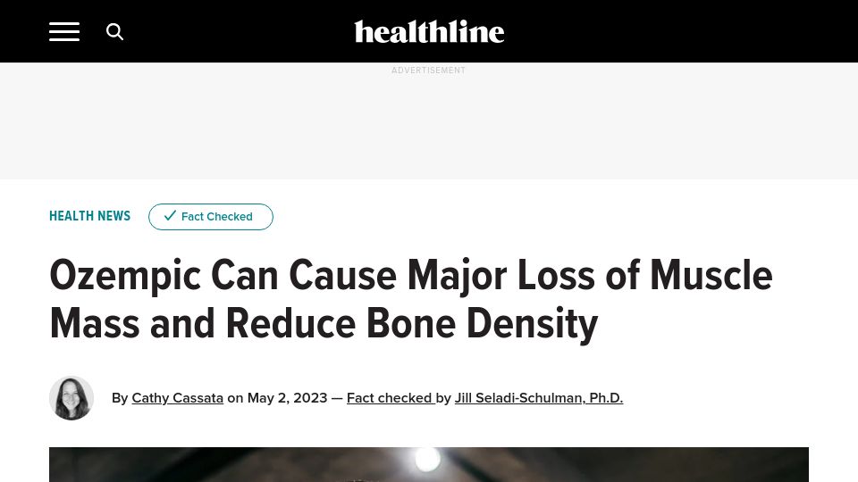 Screenshot of healthline.com: Ozempic Can Cause Major Loss of Muscle Mass and Reduce Bone Density