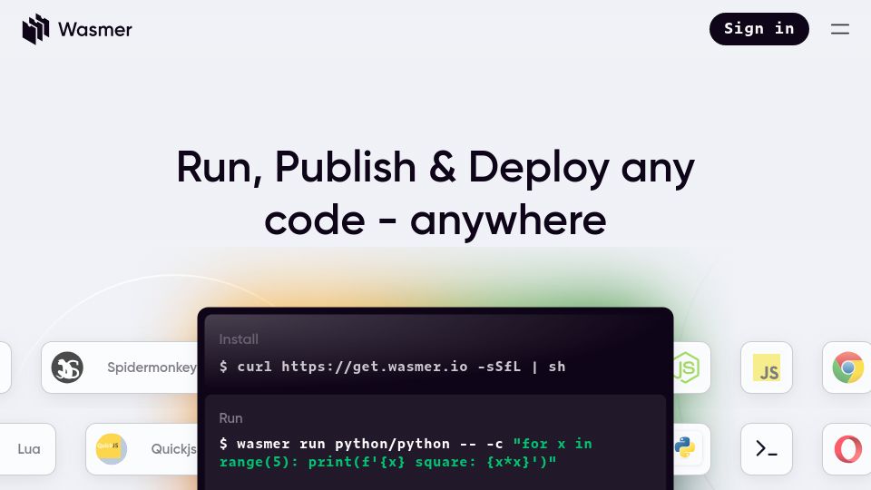 Screenshot of wasmer.io: Wasmer – Run, Publish and Deploy any code, anywhere