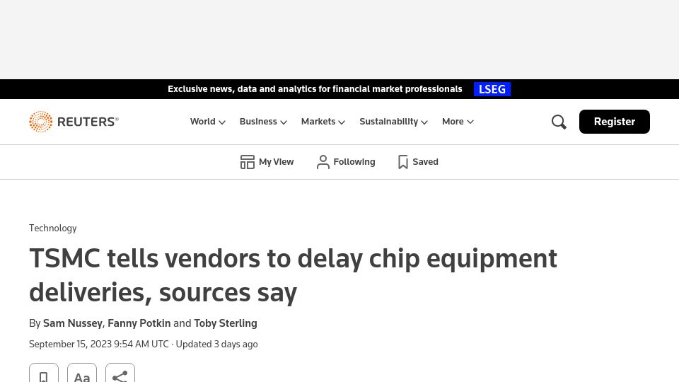 Screenshot of reuters.com: TSMC tells vendors to delay chip equipment deliveries