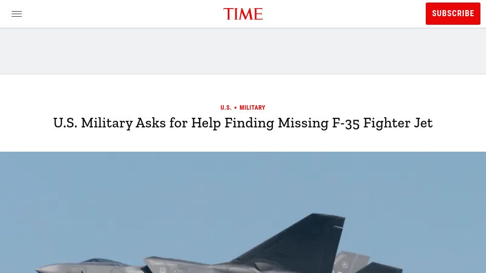 Screenshot of time.com: US Military asks for help locating missing F-35