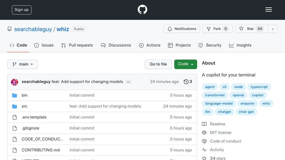 Screenshot of github.com: Show HN: Whiz – A copilot for your terminal