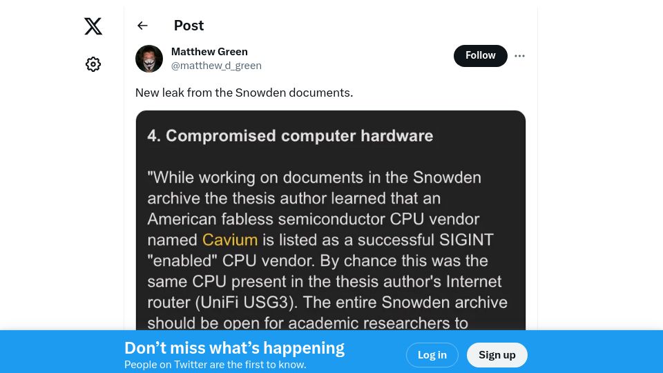 Screenshot of twitter.com: Snowden leak: Cavium networking hardware may contain NSA backdoor