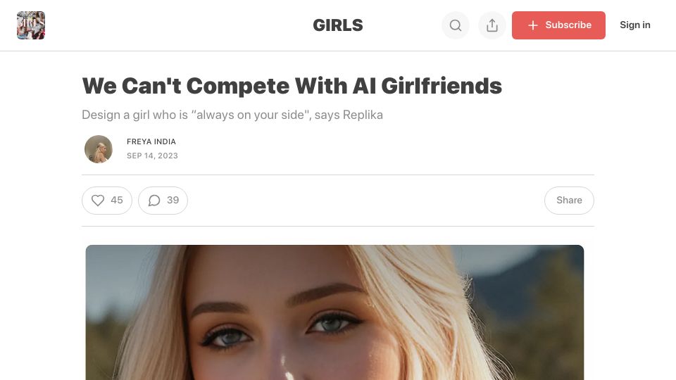 Screenshot of freyaindia.co.uk: We Can't Compete with AI Girlfriends