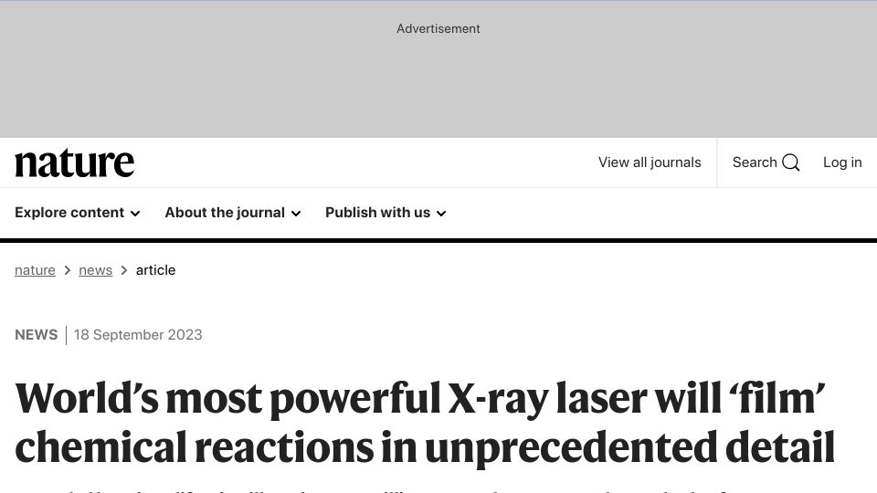 Screenshot of nature.com: X-ray laser will ‘film’ chemical reactions in unprecedented detail