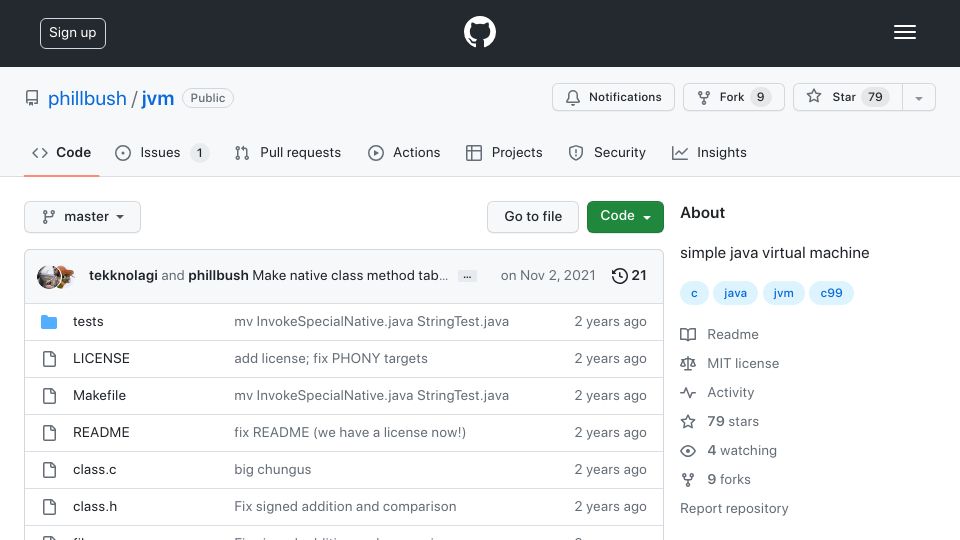 Screenshot of github.com: Simple Open-Source Java Virtual Machine in C