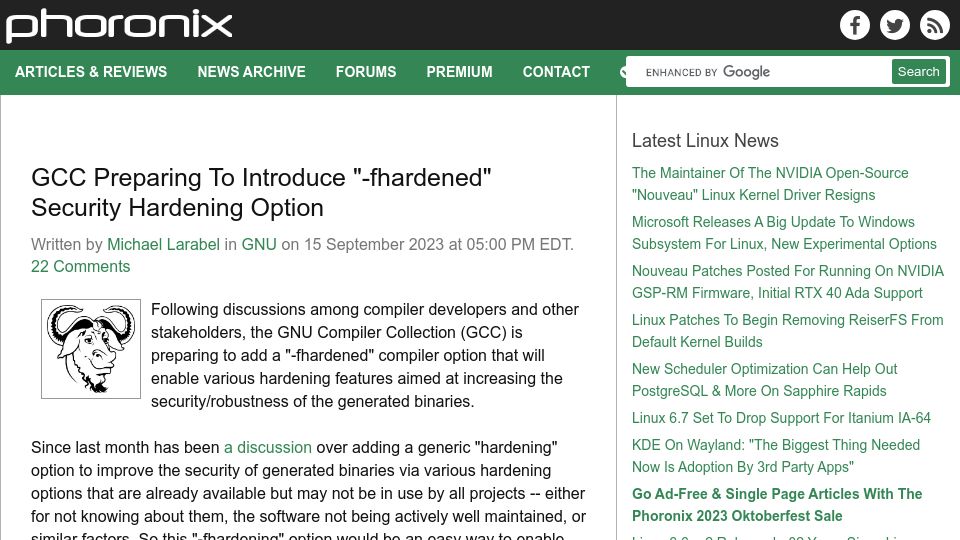 Screenshot of phoronix.com: GCC Preparing to Introduce “-Fhardened” Security Hardening Option