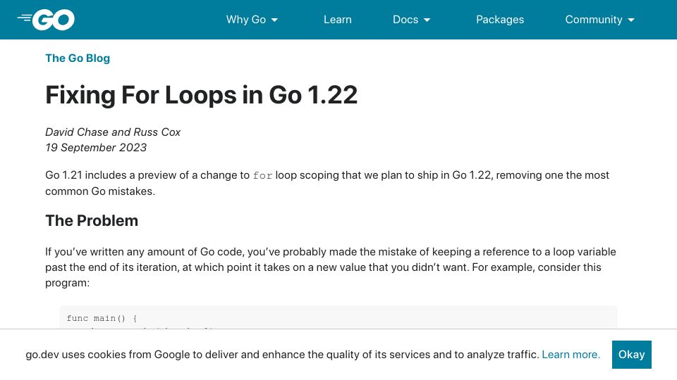 Screenshot of go.dev: Fixing for loops in Go 1.22