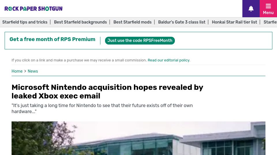 Screenshot of rockpapershotgun.com: Microsoft Nintendo acquisition hopes revealed by leaked Xbox exec email