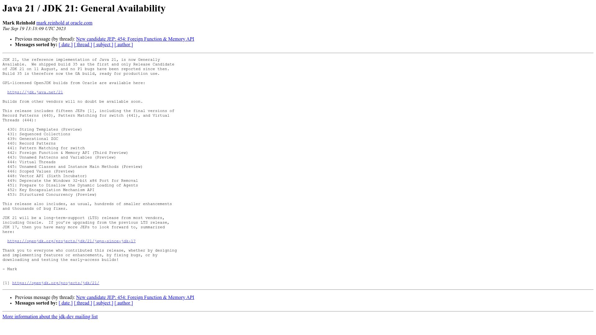Screenshot of mail.openjdk.org: Java 21 Released