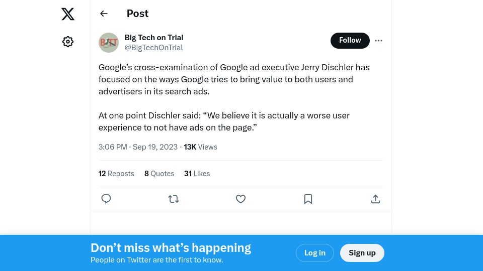Screenshot of twitter.com: Google ad exec: “it is a worse user experience to not have ads on the page”