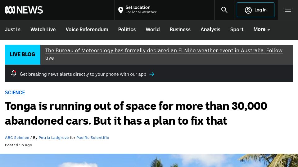 Screenshot of abc.net.au: Tonga is running out of space for more than 30k abandoned cars