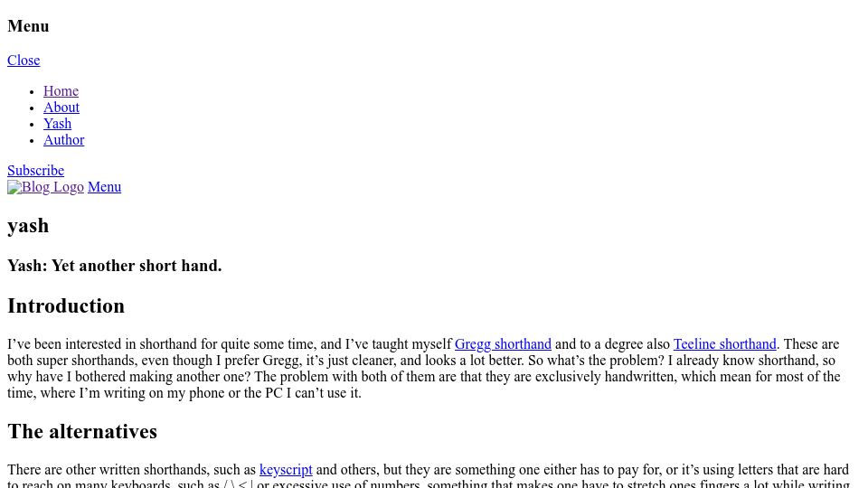 Screenshot of opsahl.github.io: Yash: Yet another short hand