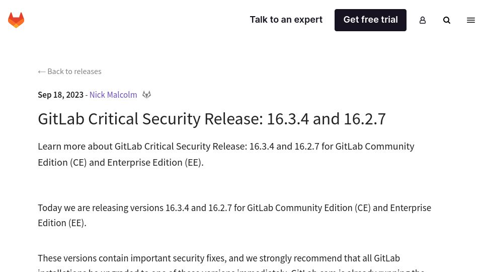 Screenshot of about.gitlab.com: Gitlab Critical Security Release: 16.3.4 and 16.2.7