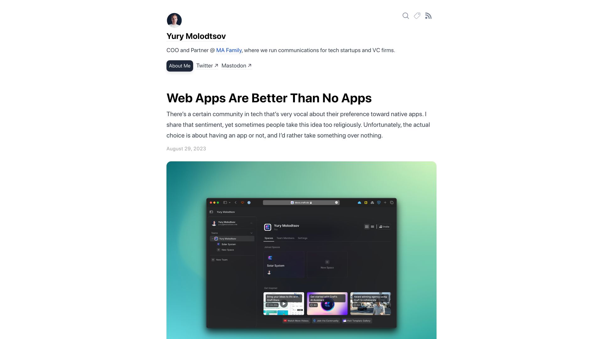 Screenshot of molodtsov.me: Web apps are better than no apps