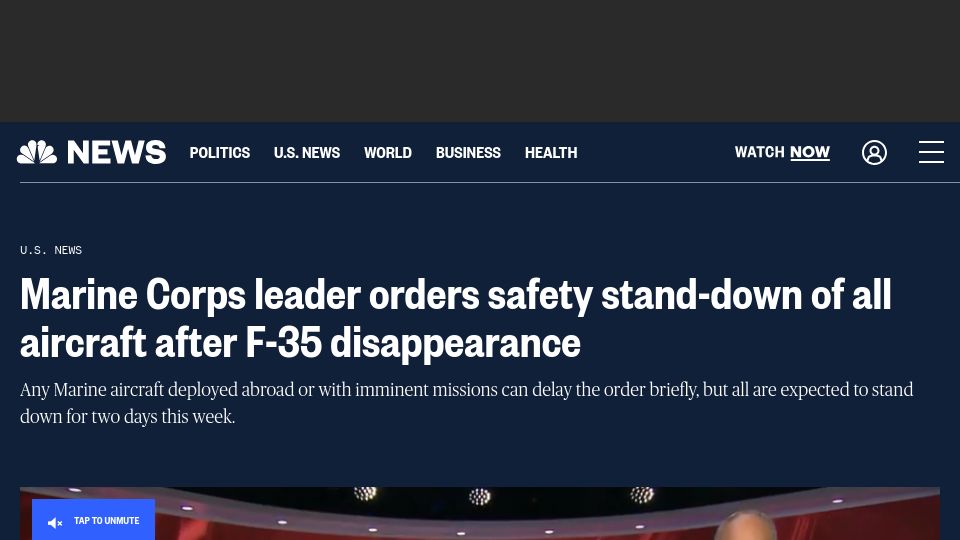 Screenshot of nbcnews.com: Marine Corps orders safety stand-down of all aircraft after F-35 disappearance