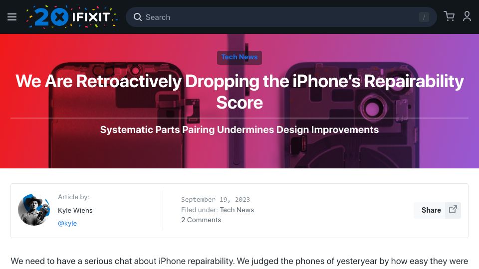 Screenshot of ifixit.com: We are retroactively dropping the iPhone’s repairability score