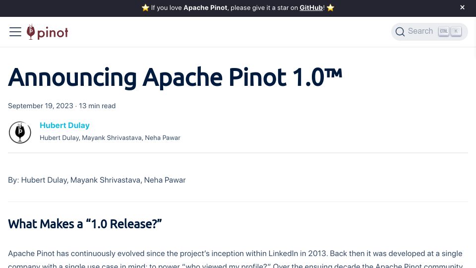 Screenshot of pinot.apache.org: Apache Pinot 1.0