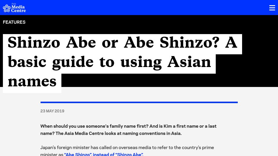 Screenshot of asiamediacentre.org.nz: A basic guide to using Asian names