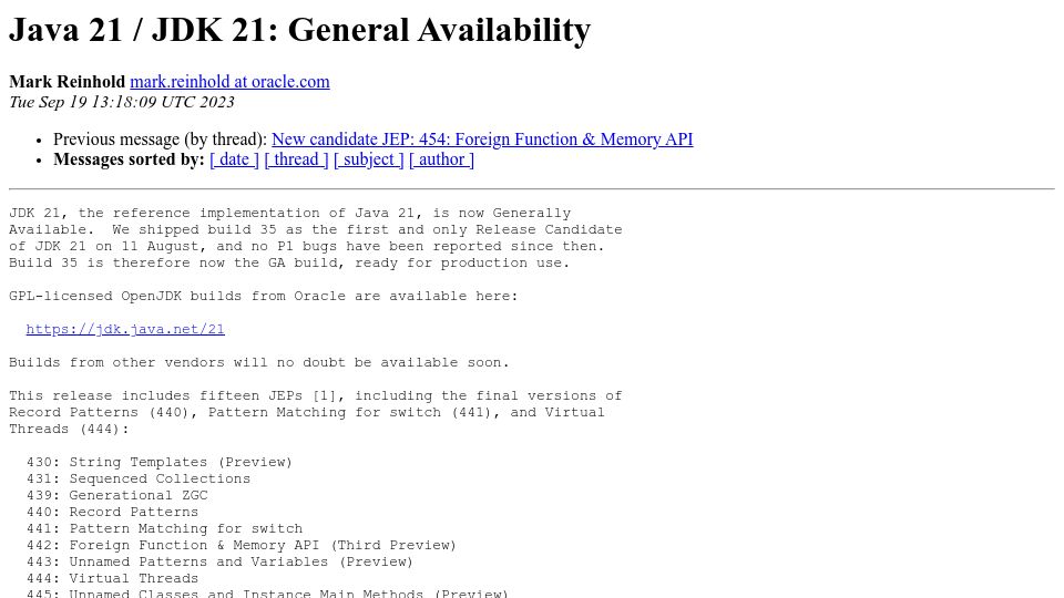 Screenshot of mail.openjdk.org: Java 21 Released