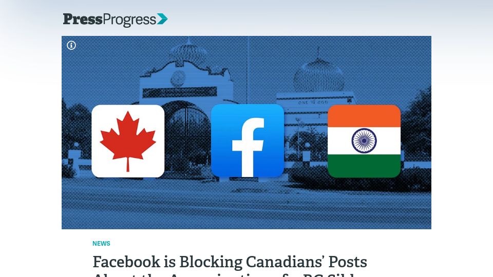 Screenshot of pressprogress.ca: Facebook is blocking Canadians’ posts about the assassination of a Sikh leader