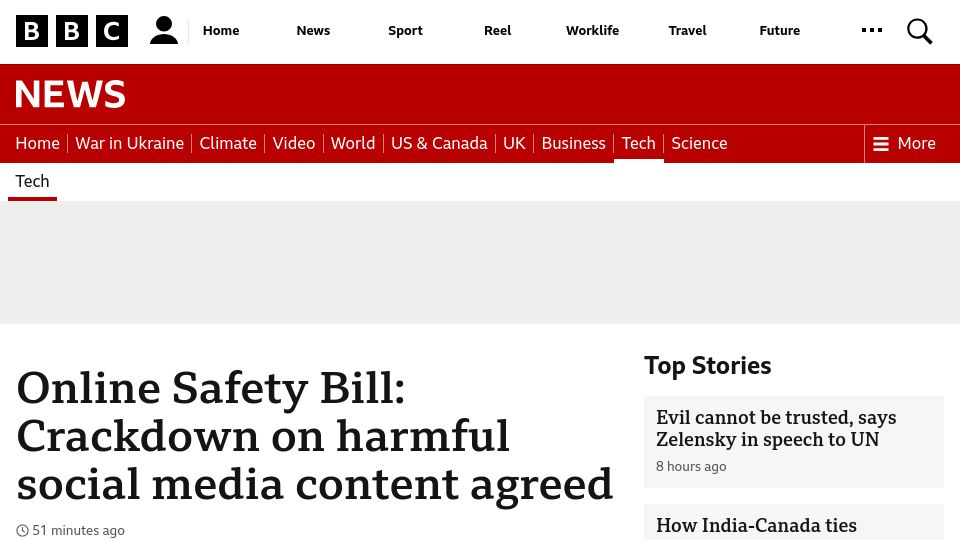 Screenshot of bbc.co.uk: UK Parliament passes Online Safety Bill