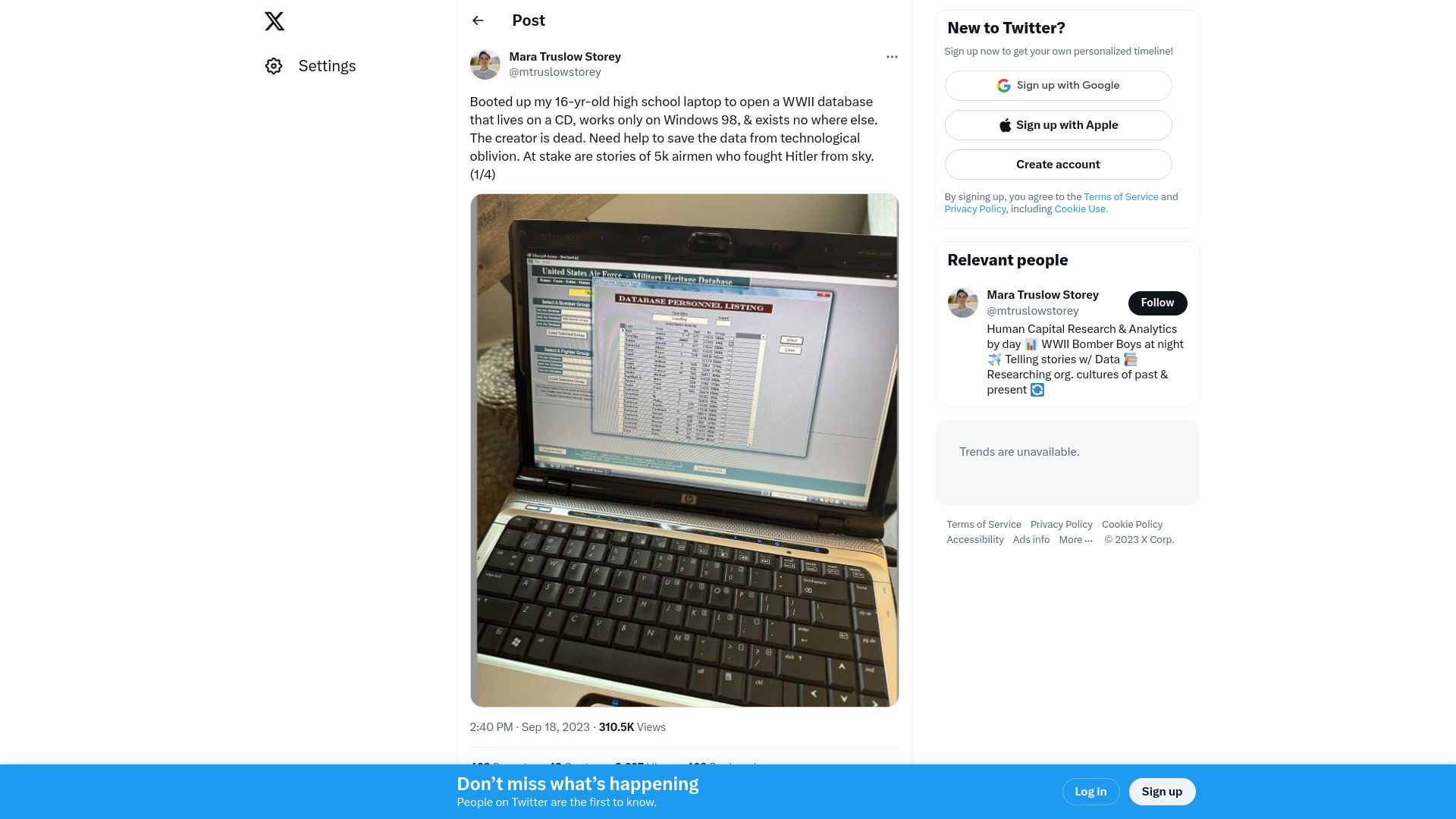 Screenshot of twitter.com: Seeking help to preserve WWII database on Windows 98