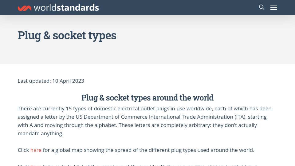 Screenshot of worldstandards.eu: Plug and socket types around the world