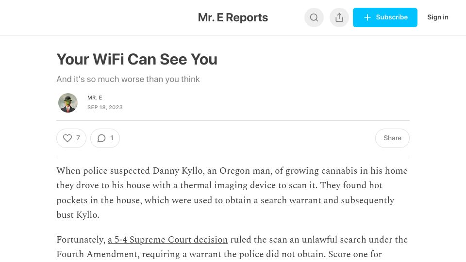 Screenshot of mrereports.substack.com: Your WiFi Can See You
