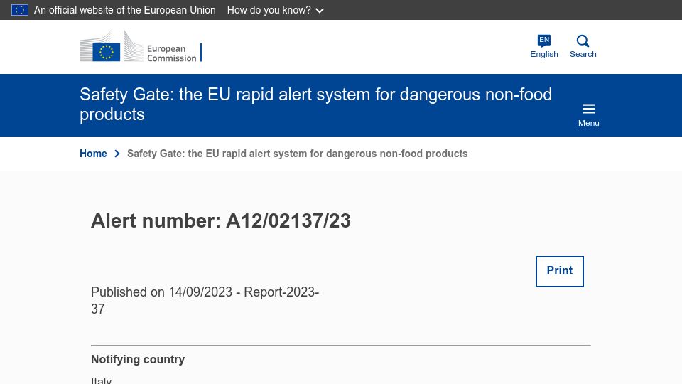 Screenshot of ec.europa.eu: Safety Gate: the EU rapid alert system for dangerous non-food products