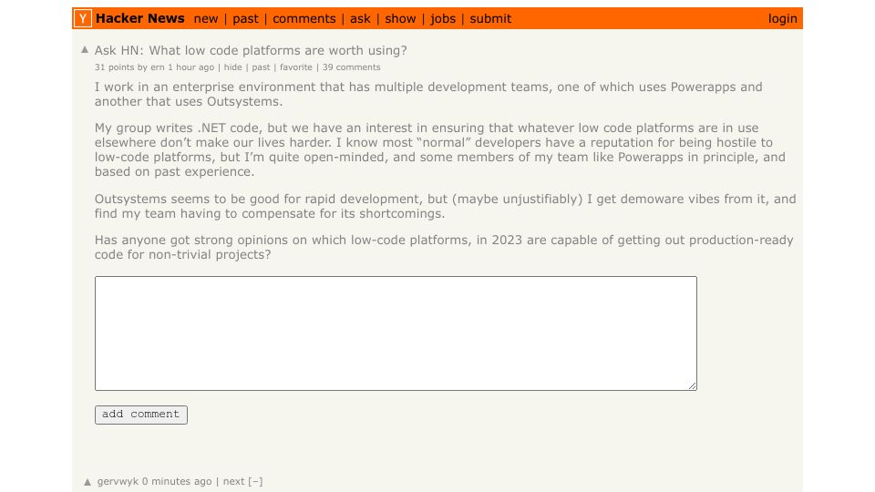 Screenshot of Hacker News post: Ask HN: What low code platforms are worth using?
