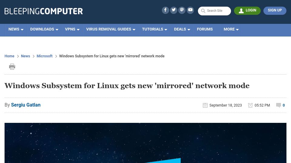 Screenshot of bleepingcomputer.com: Windows Subsystem for Linux gets new 'mirrored' network mode