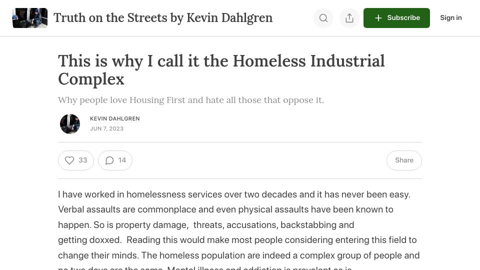 Screenshot of truthonthestreets.substack.com: I call it the Homeless Industrial Complex