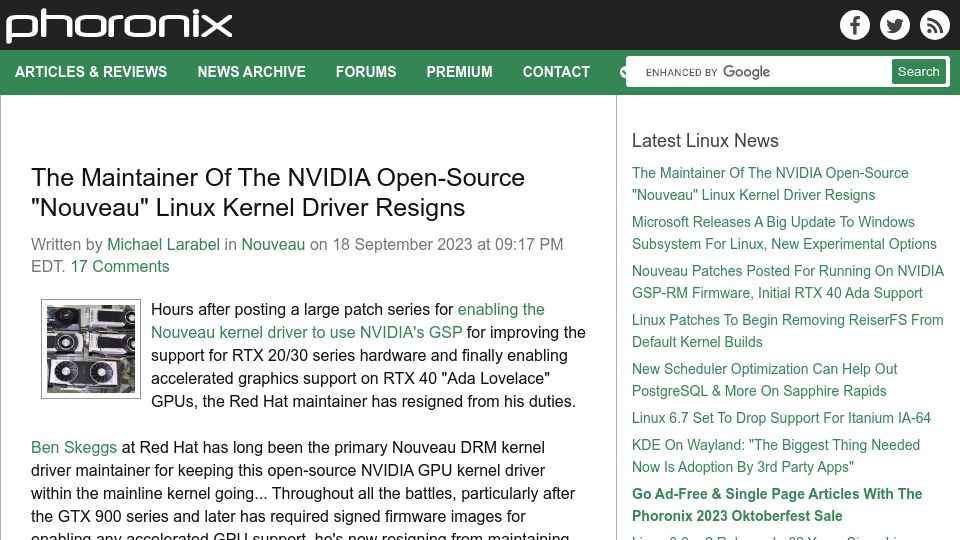 Screenshot of phoronix.com: The Maintainer of the Nvidia Open-Source “Nouveau” Linux Kernel Driver Resigns