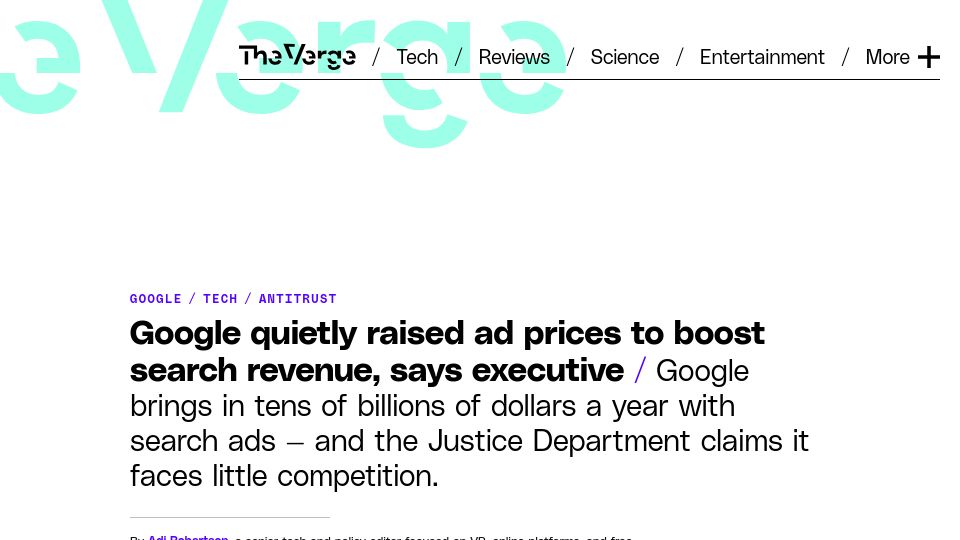 Screenshot of theverge.com: Google quietly raised ad prices to boost search revenue